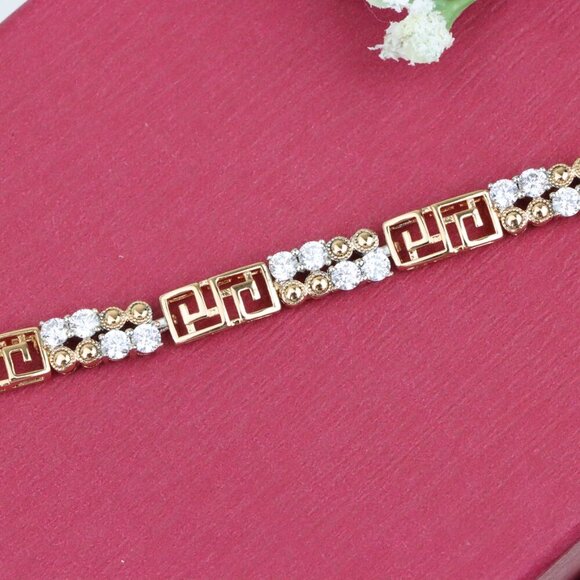 "Rose Gold CZ Bracelet with Greek Key Motif, Elegant Patterned Design, XPBL0750 - Picture 1 of 12